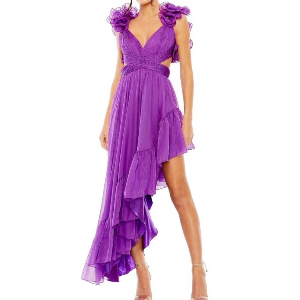 NWT Mac Duggal Purple Asymmetric Hem Ruffle Dress 68641